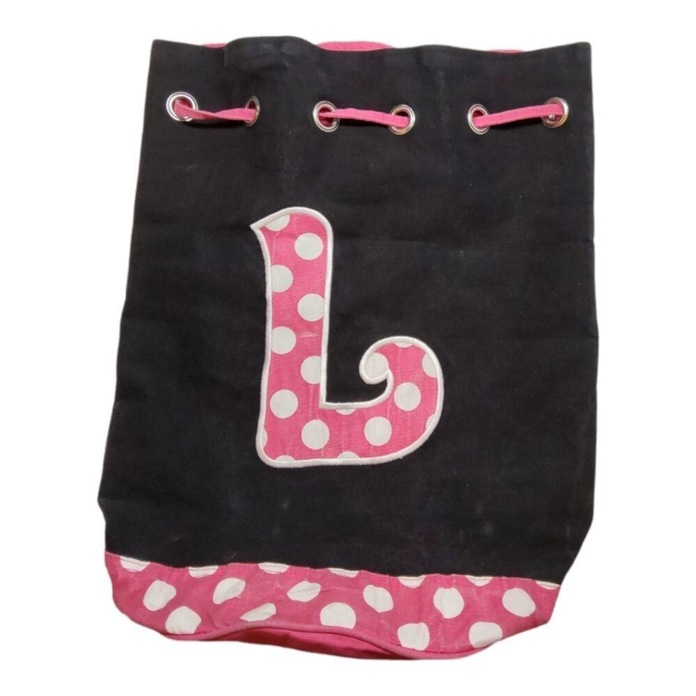 Canvas Backpack. Black/ Pink & White Polka Dot